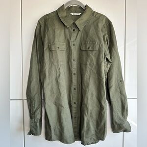Orvis Long Sleeve Camp Shirt Blouse Army Green Linen Cotton Women Large L